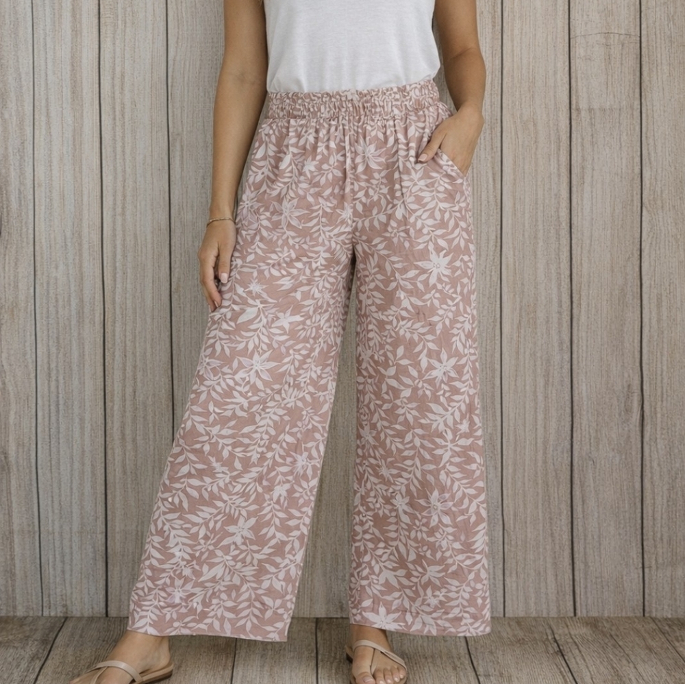 Loft Wide Leg Linen Blend Floral Pull-on Pants Small NWT